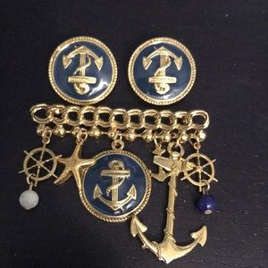 Sailor brooch & Clip Earrings anchor